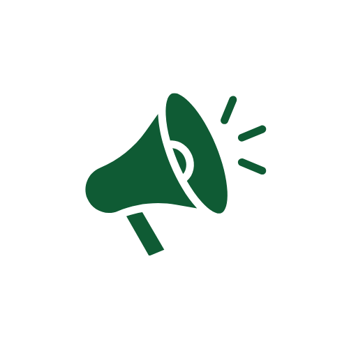 Green megaphone icon with sound waves inside a white circle, on a black background.