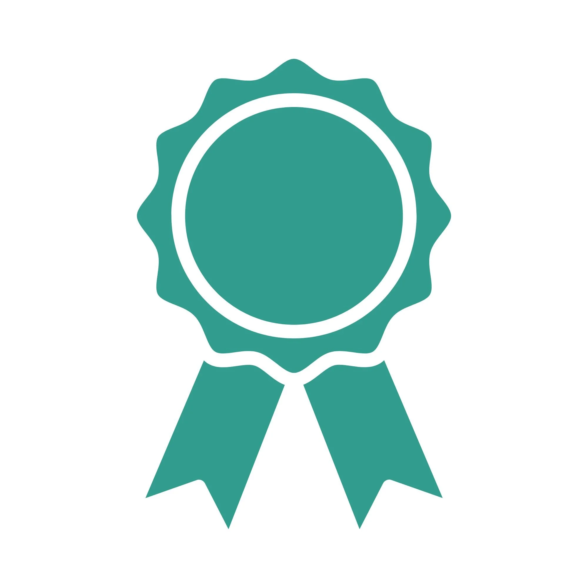 A teal ribbon or badge with a scalloped edge and a circular center, often used for awards or recognition.