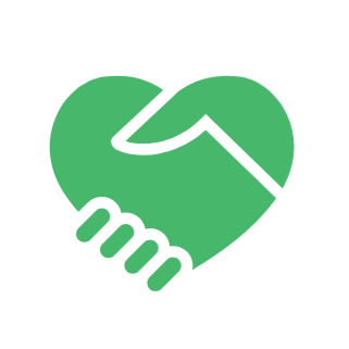 A green heart with two hands clasped together in the center, symbolizing care or support.