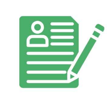 Icon of a green document with a person's silhouette and text lines, and a pencil leaning against it.