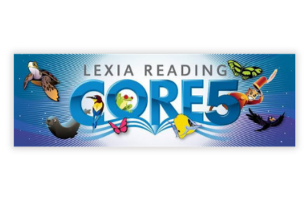 Lexia Reading CORE5 logo with colorful bird, butterfly, and animal illustrations on a blue background.