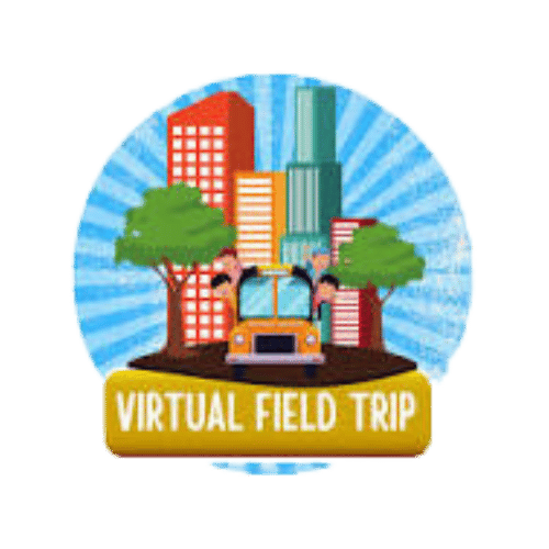 Colorful logo with city skyline, trees, a yellow bus, and children, representing 'Virtual Field Trips'