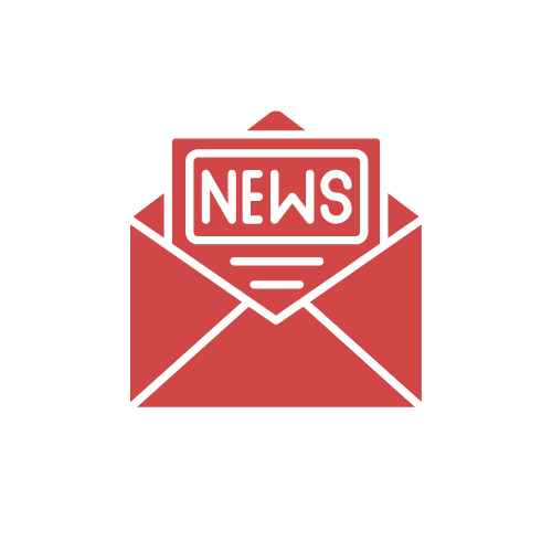 Icon of an open envelope with a newsletter inside that has the word "NEWS" on it, set against a black background with a white circular border.