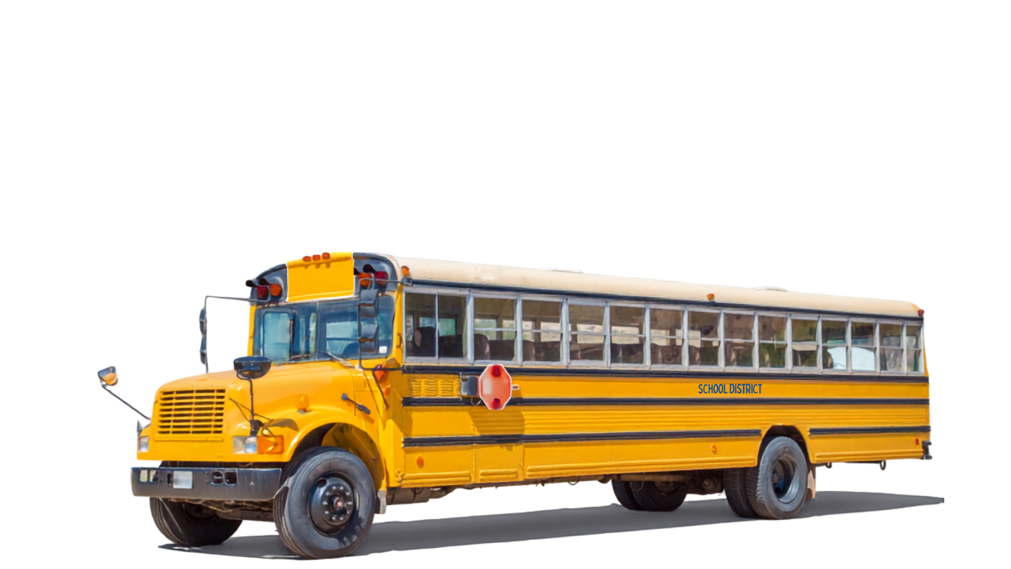 Yellow school bus with 'School District' label on side, black horizontal stripes, and orange warning light on top, isolated on black background.