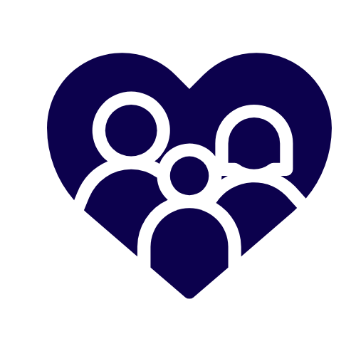 Icon of a heart shape with three people inside it, representing community or family.