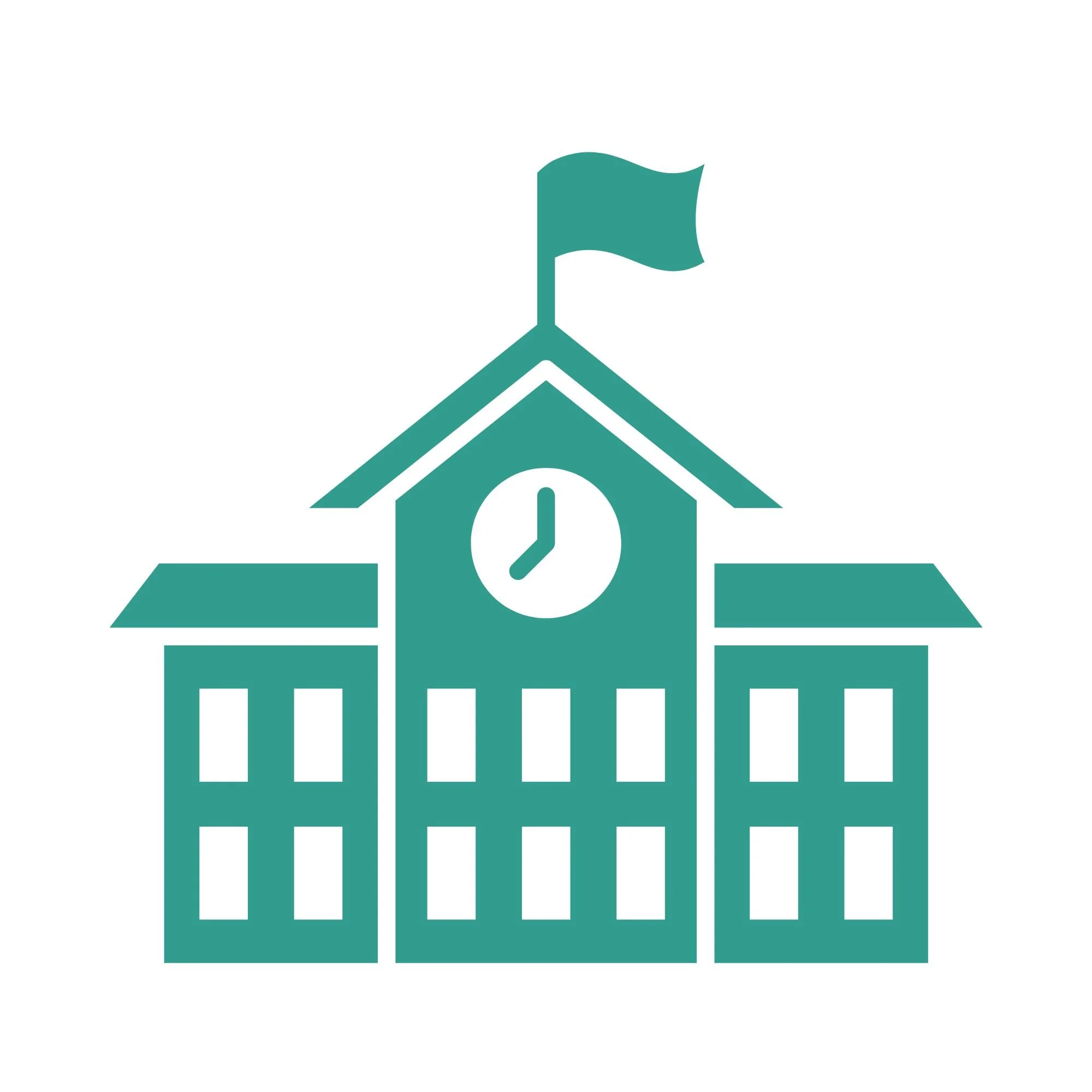A stylized teal clock tower with a flag on top and a clock face showing the time around 3:00, with a simple base below.
