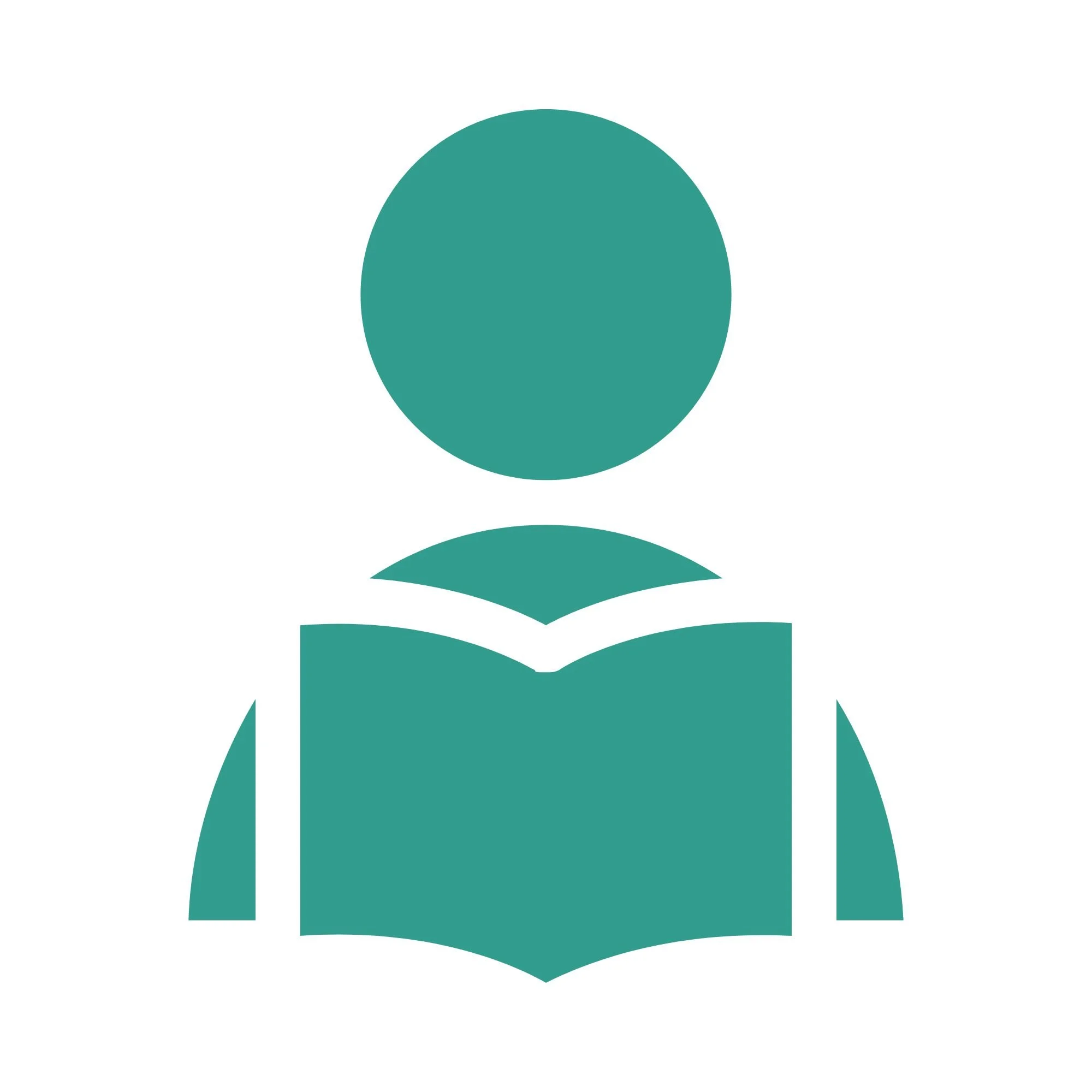 A teal-colored icon of a person reading a book.