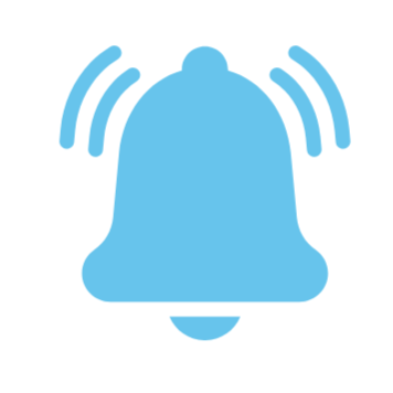 Blue notification bell icon with motion lines indicating ringing or alert.