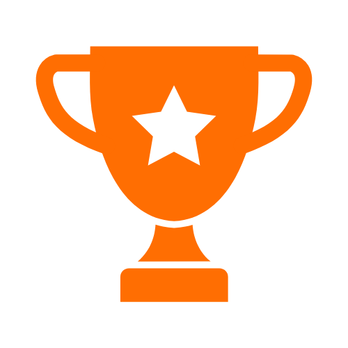 Orange trophy with a star in the center, set against a black background with a white circle behind it.