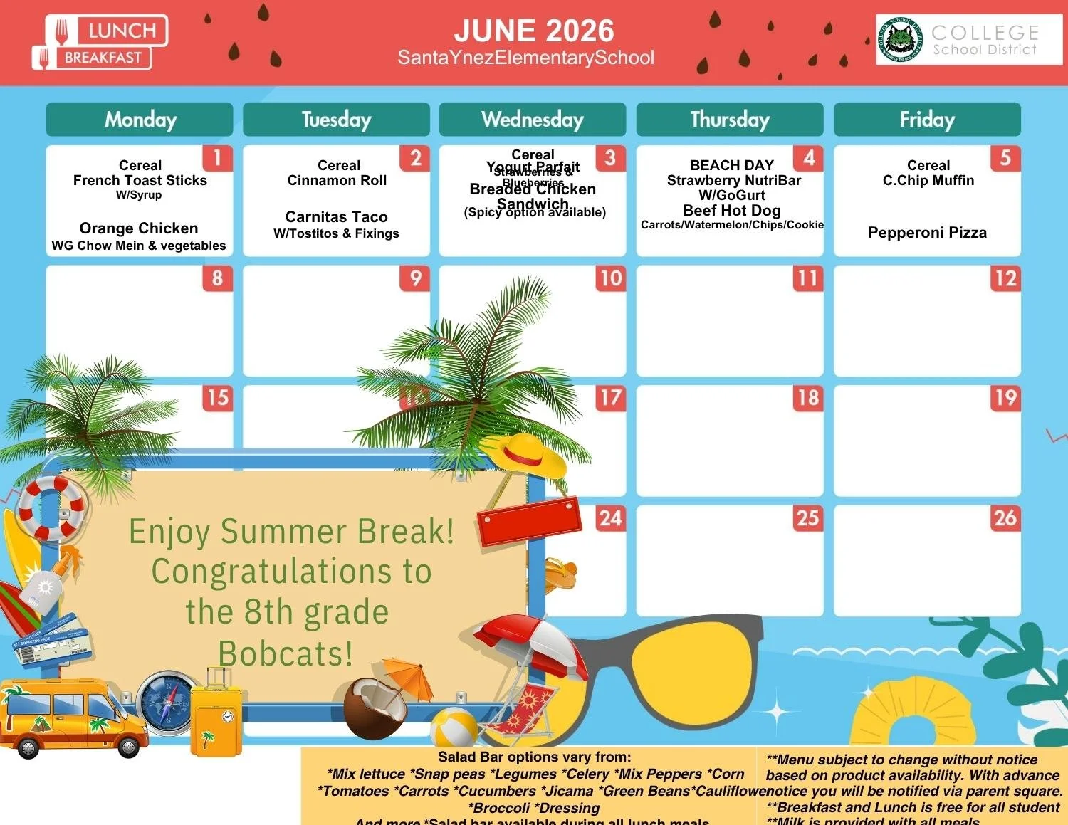 June 2026 school lunch calendar for Santa Ynez Elementary School with summer break message and summer-themed decorations, including palm trees, sunglasses, and beach items.
