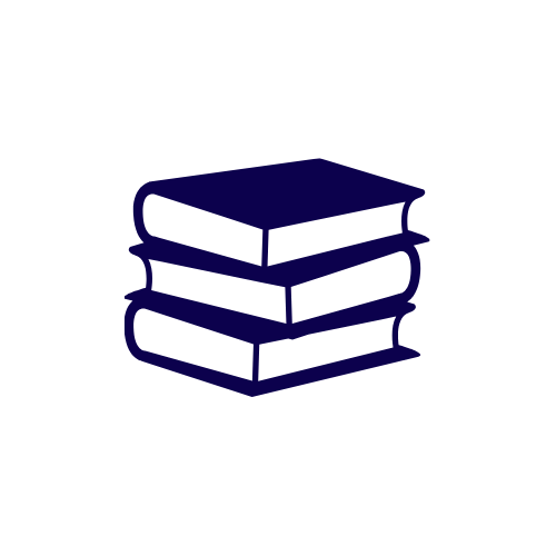 Icon of a stack of four books inside a white circle with a black background.