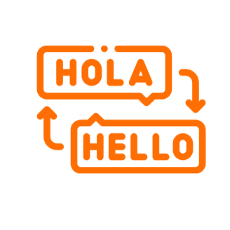 Orange speech bubbles with the words 'HOLA' and 'HELLO' connected by arrows.