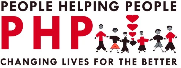 Logo with the slogan 'People Helping People PHP Changing Lives for the Better' featuring stick figures of diverse people, some holding hearts and cross symbols.