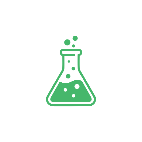 Green laboratory flask with liquid and bubbles, on a white circular background.