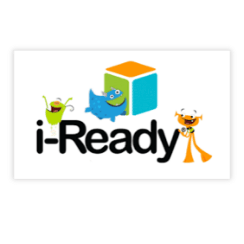 Logo with three cartoon monsters and the text 'i-Ready' beneath representing the online app.