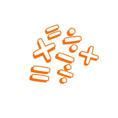 Orange mathematical symbols for addition, subtraction, multiplication, and division arranged randomly on a white circular background.