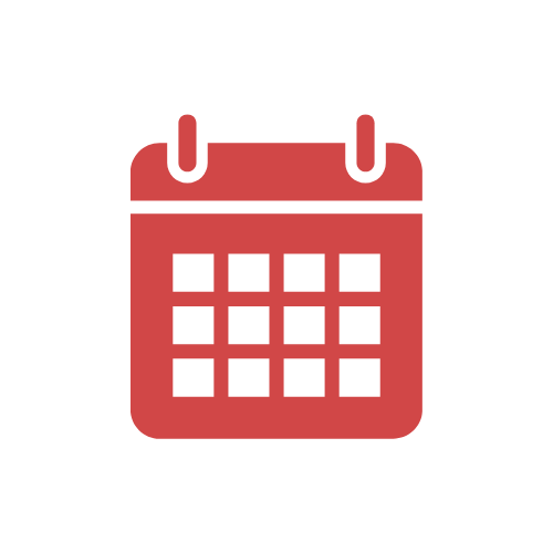 Calendar icon with a grid of dates in red and white on a white circular background.