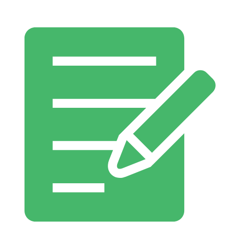 Green icon of a notepad with lines and a pencil.