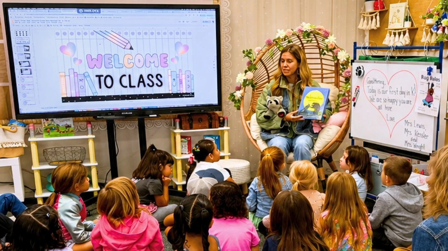 A teacher reading a book to a group of children in a classroom. A large screen displays 'Welcome to Class,' and a whiteboard has a message from teachers.