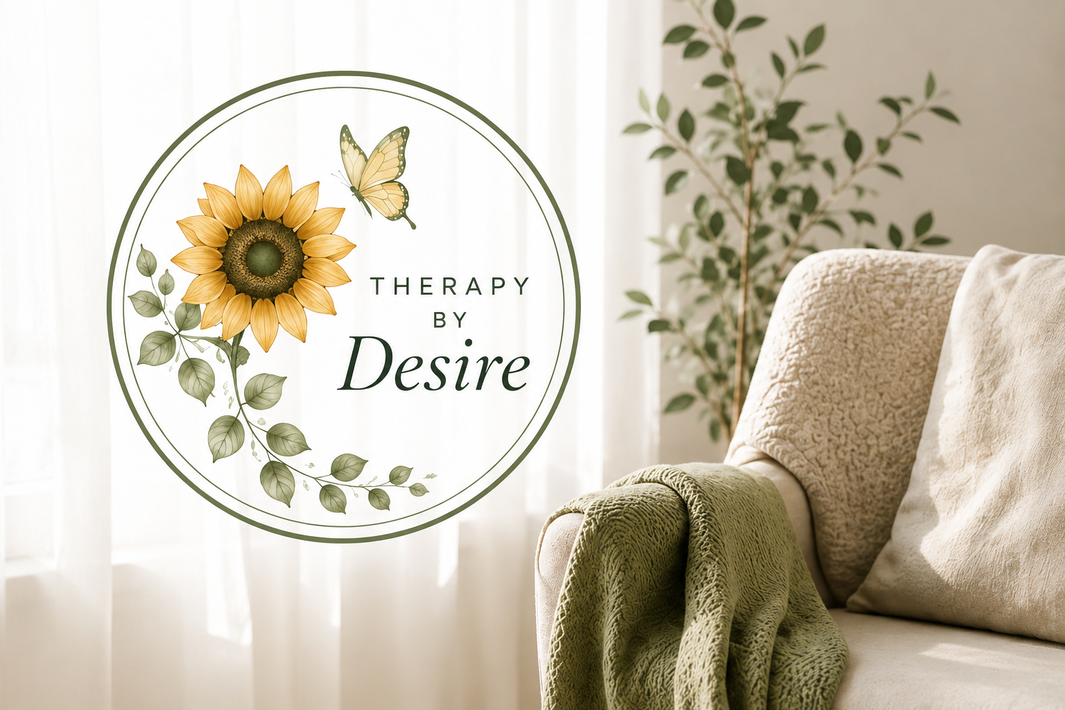 A cozy living room corner with beige cushions and a green blanket. A leafy plant is in the background near a window with white curtains. A circular logo on the left side features a sunflower, a butterfly, and the words 'Therapy by Desire'.