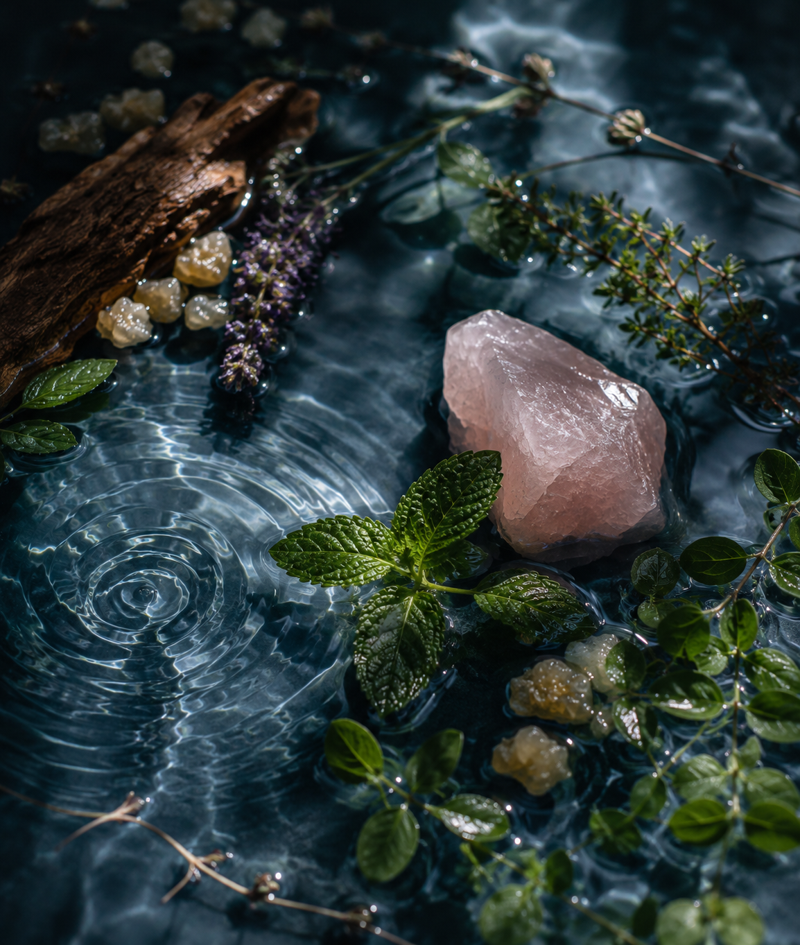 Close-up of a pink crystal resting on water with floating green leaves, purple flowers, a piece of wood, and small stones, creating a natural and calming scene.