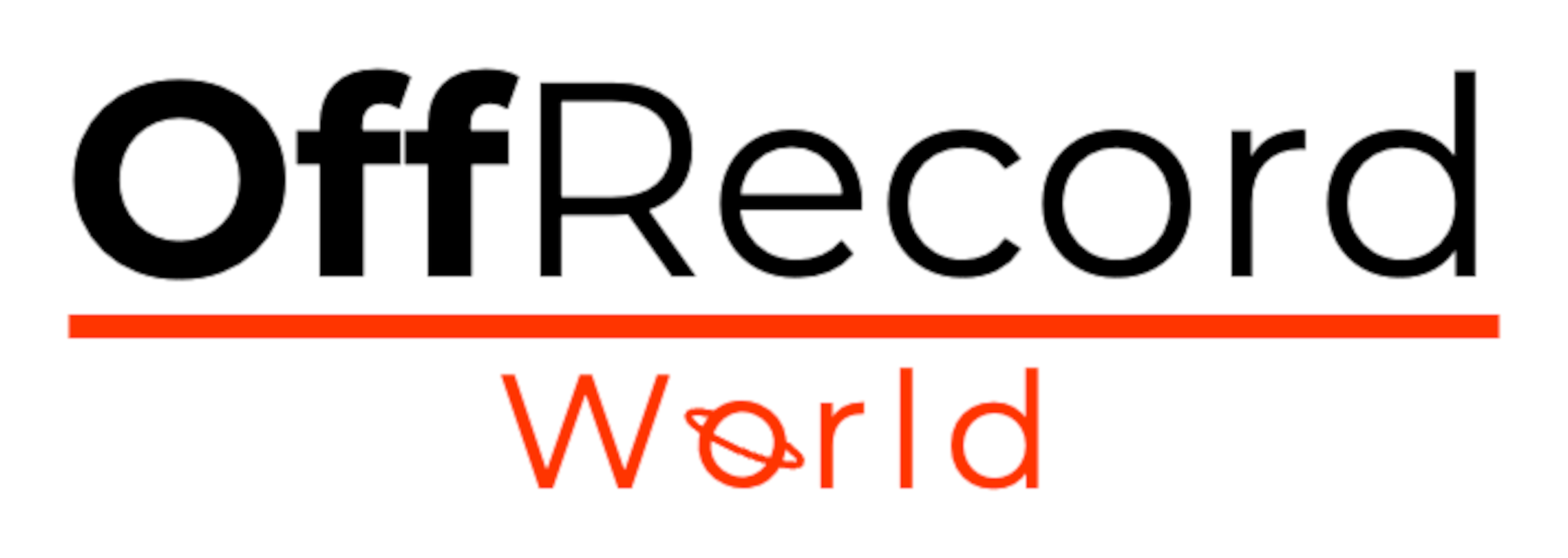 OffRecord Word logo with black bold text for "Off," black regular text for "Record," a vermillion underline, and vermillion "World" text beneath with the iconic stylized "o."