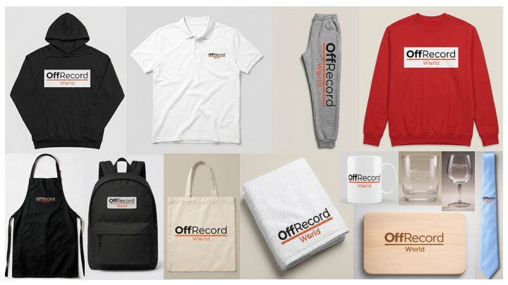 Collection of Off-Record branded apparel and merchandise, and demonstration of customized goods service, including hoodies, polo shirts, sweatpants, apron, backpacks, tote bag, towel, mug, glassware, and wooden tray.