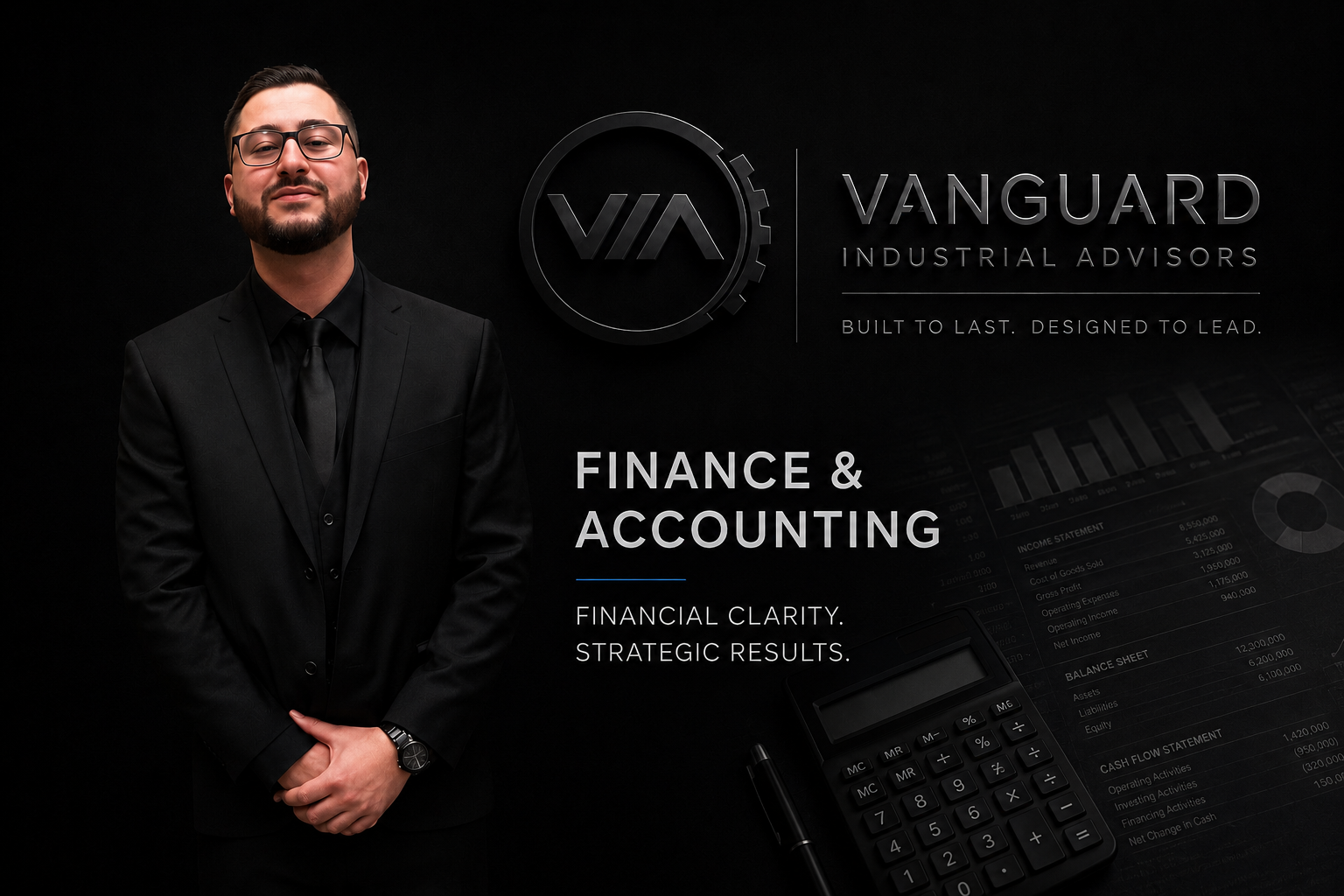 Professional man in black suit with glasses, standing with hands crossed, with company logo and financial documents in the background.