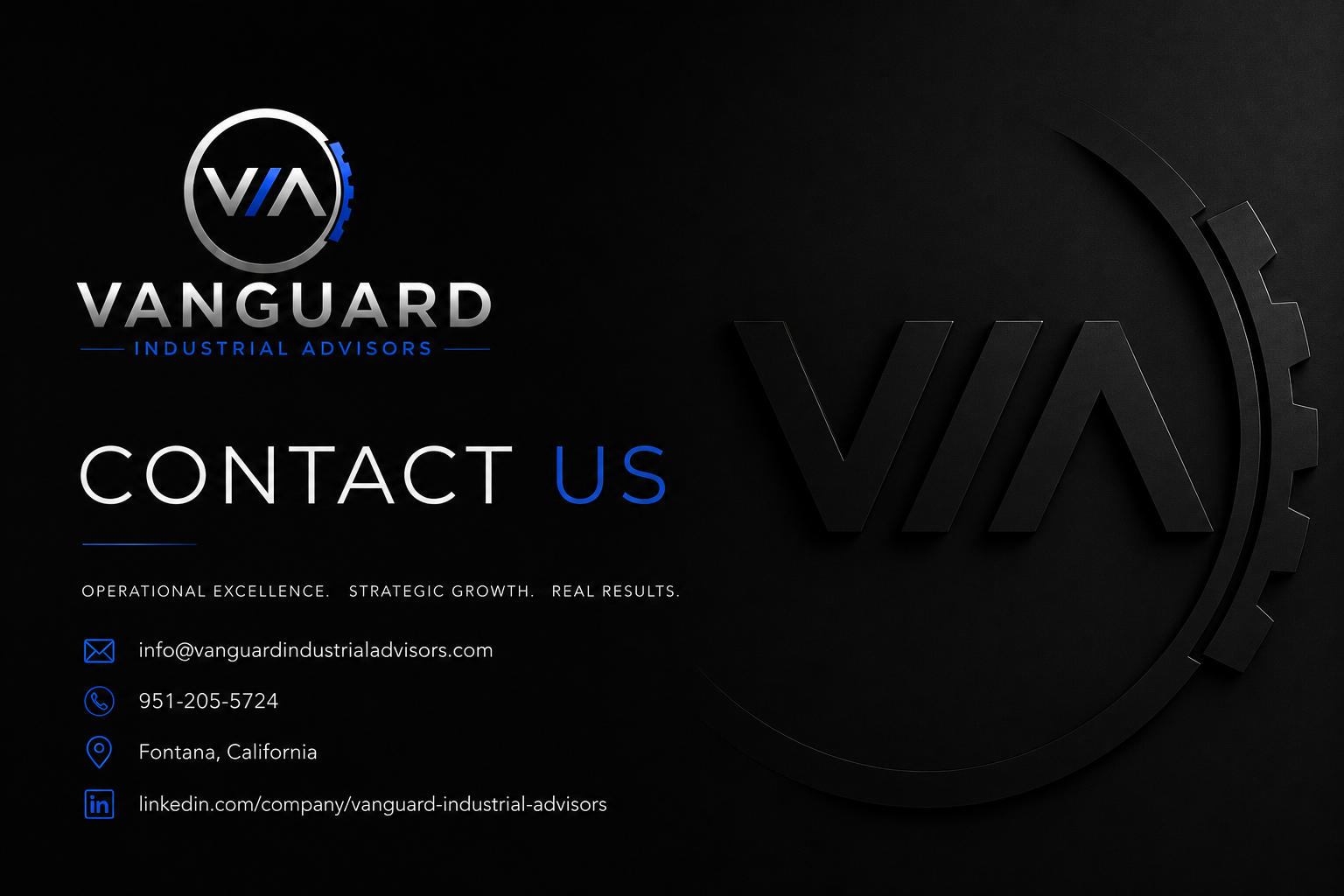 Vanguard Industrial Advisors contact information card with logo, email, phone, location in Fontana, California, and LinkedIn profile