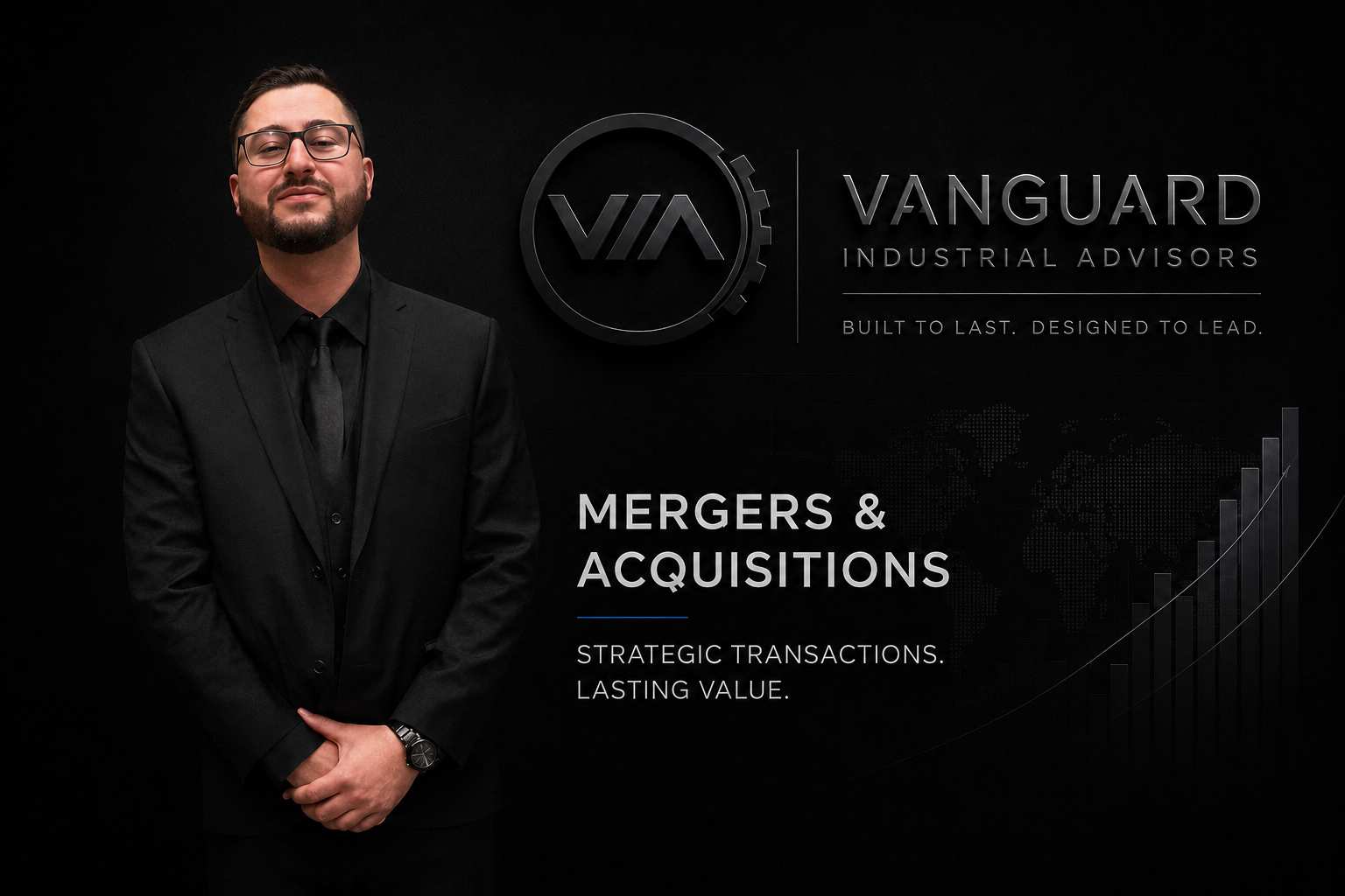 A man in a black suit with glasses, standing with hands clasped, in front of a dark background featuring the Vanguard Industrial Advisors logo, text about mergers and acquisitions, and a world map with a rising bar chart.