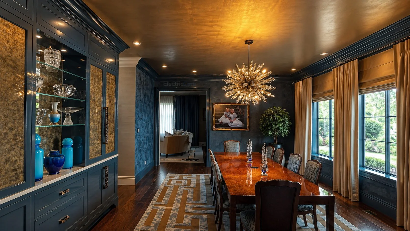 Custom dining room lighting with chandelier, recessed ceiling lights, display cabinet lighting, and architectural accent lighting by Electric Core in SF Bay Area