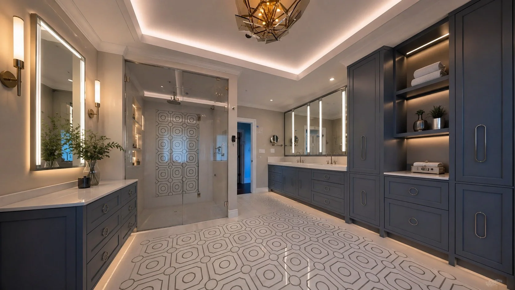 Luxury bathroom lighting with illuminated vanity mirrors, wall sconces, cove lighting, shower lighting, recessed lights, and cabinet accent lighting by Electric Core in SF Bay Area