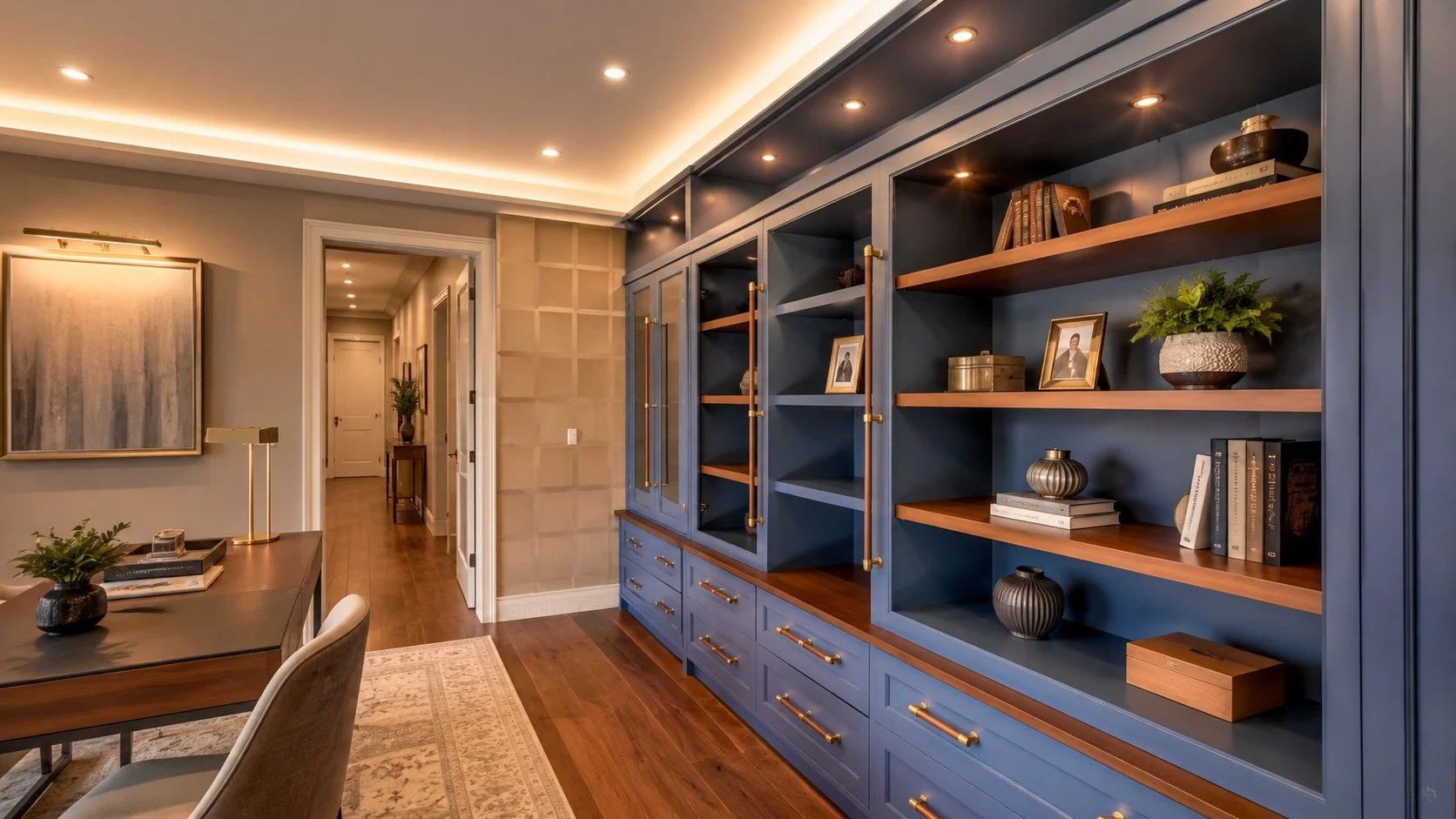 Home office lighting with built-in cabinet lights, recessed ceiling lights, cove lighting, and integrated residential electrical work by Electric Core in SF Bay Area
