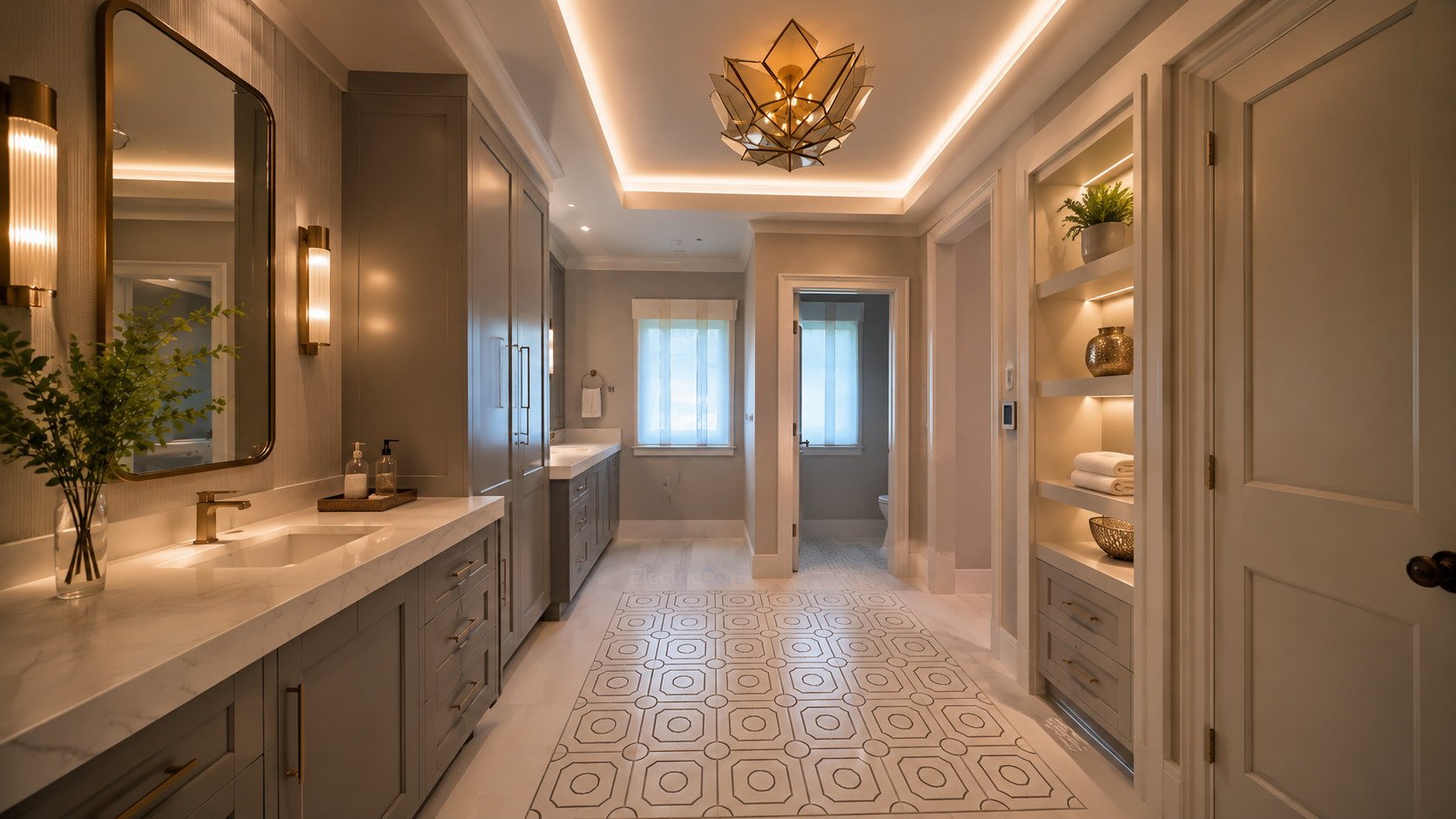 Bathroom lighting with vanity wall sconces, cove lighting, recessed lights, illuminated shelving, and integrated residential electrical work by Electric Core in SF Bay Area