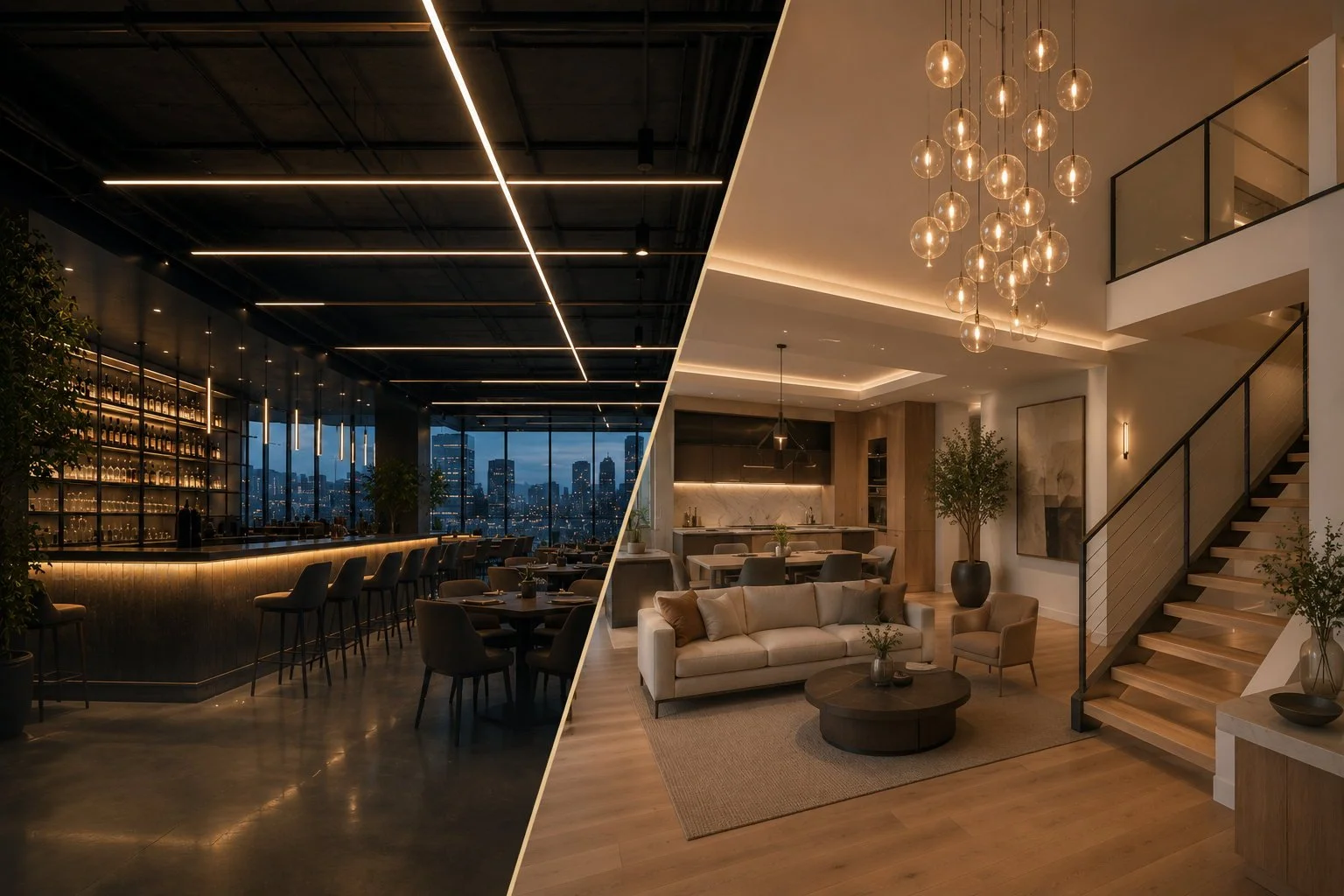 Residential and commercial lighting design with modern linear ceiling lights, pendant lighting, recessed lighting, and architectural accent lighting by Core Electric  in SF Bay Area