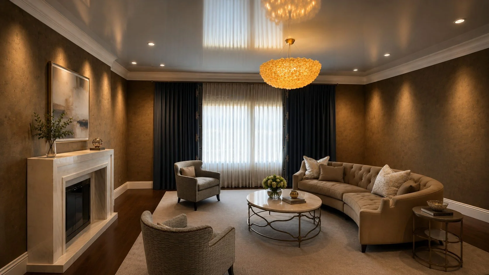 Elegant living room lighting with chandelier, recessed ceiling lights, wall accent lighting, and integrated residential electrical work by Electric Core in SF Bay Area