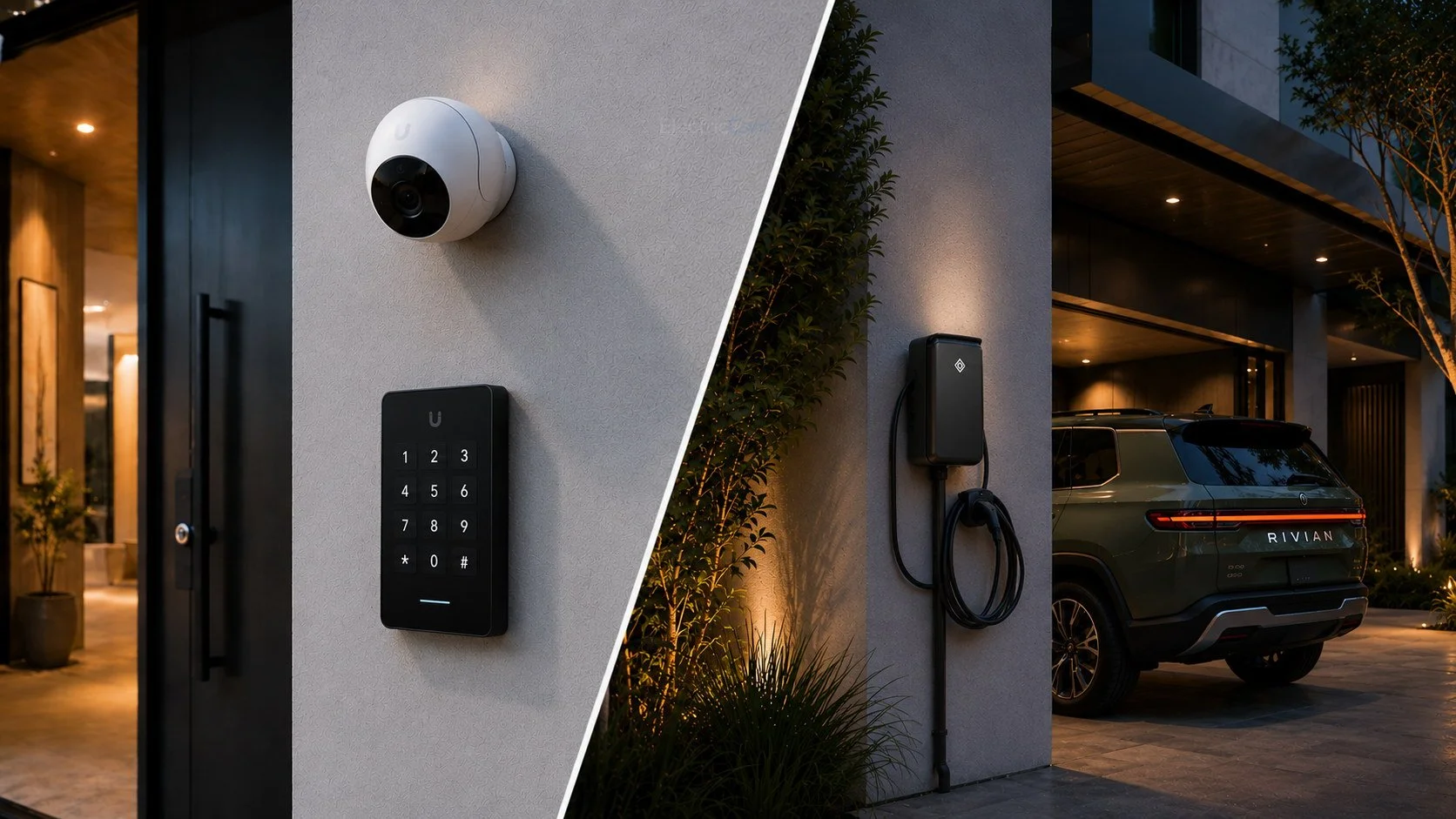 Smart home security camera, keypad entry system, EV charger, recessed exterior lighting, and landscape lighting by Core Electric in SF Bay Area