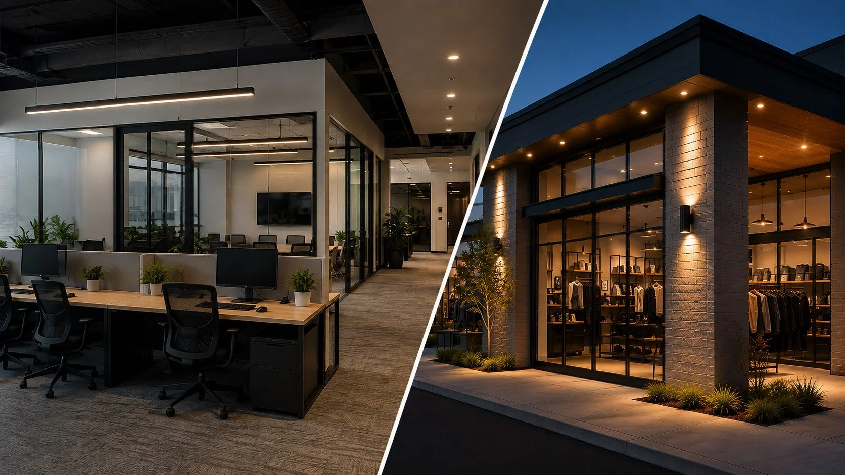 Commercial office and retail lighting with linear ceiling fixtures, recessed lights, exterior wall lighting, and storefront illumination by Core Electric in SF Bay Area