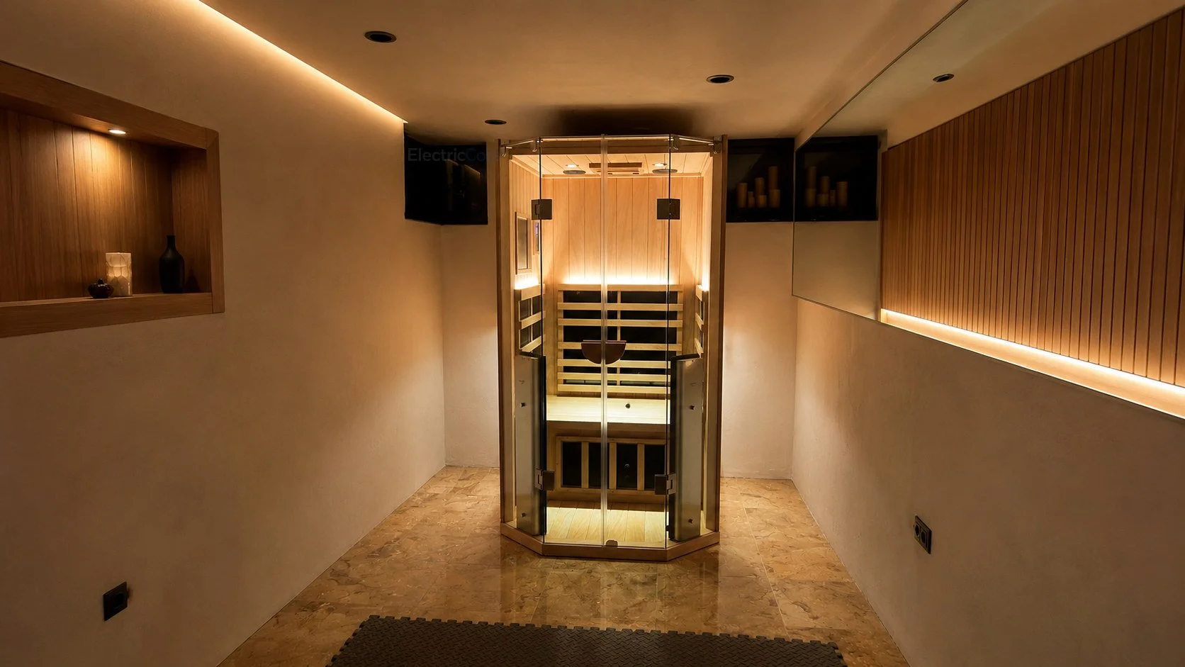 Sauna lighting with LED accent strips, recessed ceiling lights, wall lighting, and integrated electrical installation by Electric Core in SF Bay Area