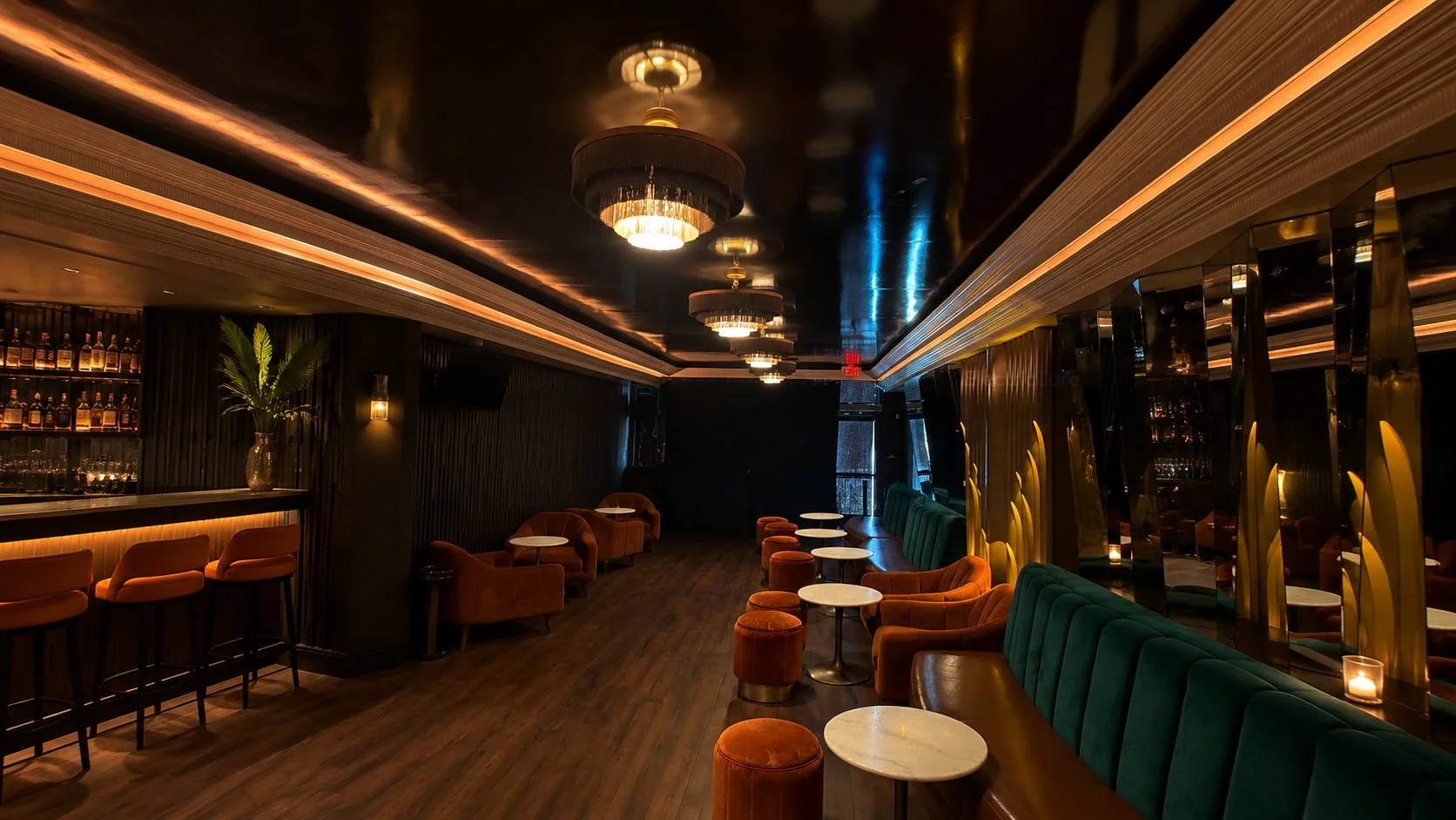 Restaurant bar and lounge lighting with cove lighting, bar shelf lighting, ceiling fixtures, wall sconces, and ambient accent lighting by Electric Core in SF Bay Area