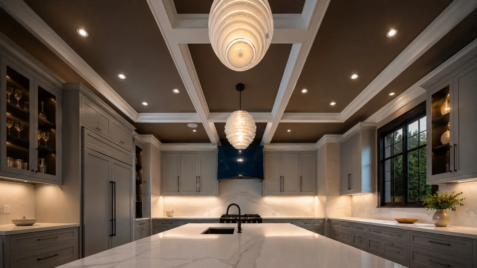 Custom kitchen lighting with recessed ceiling lights, pendant fixtures, under-cabinet lighting, display cabinet lighting, and integrated electrical work by Electric Core in SF Bay Area