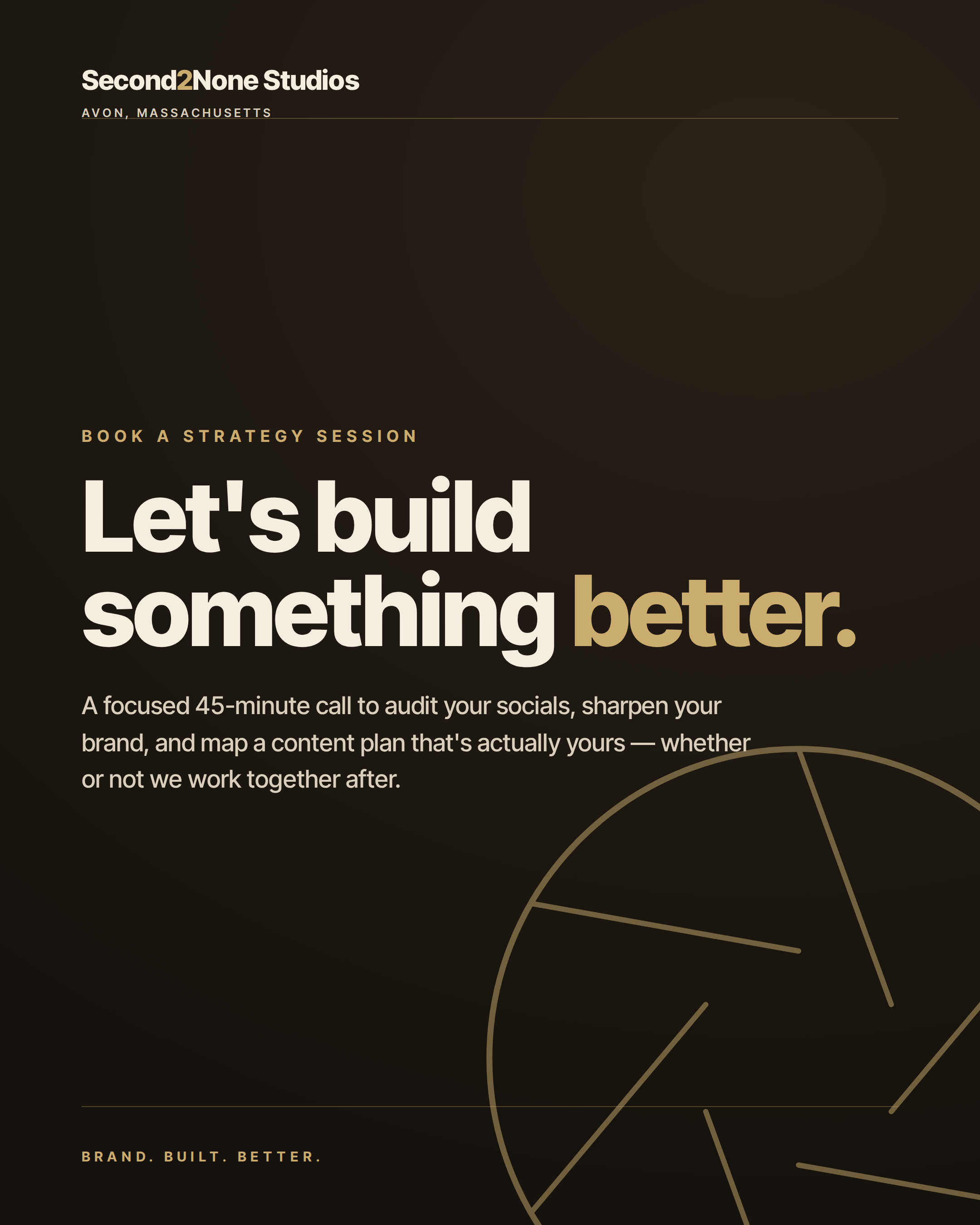 A dark-themed promotional webpage for Second2None Studios in Avon, Massachusetts, encouraging booking a strategy session to improve social media and branding.