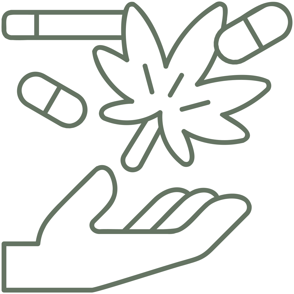 Outline of a hand holding a cannabis leaf with capsules or pills floating around it.