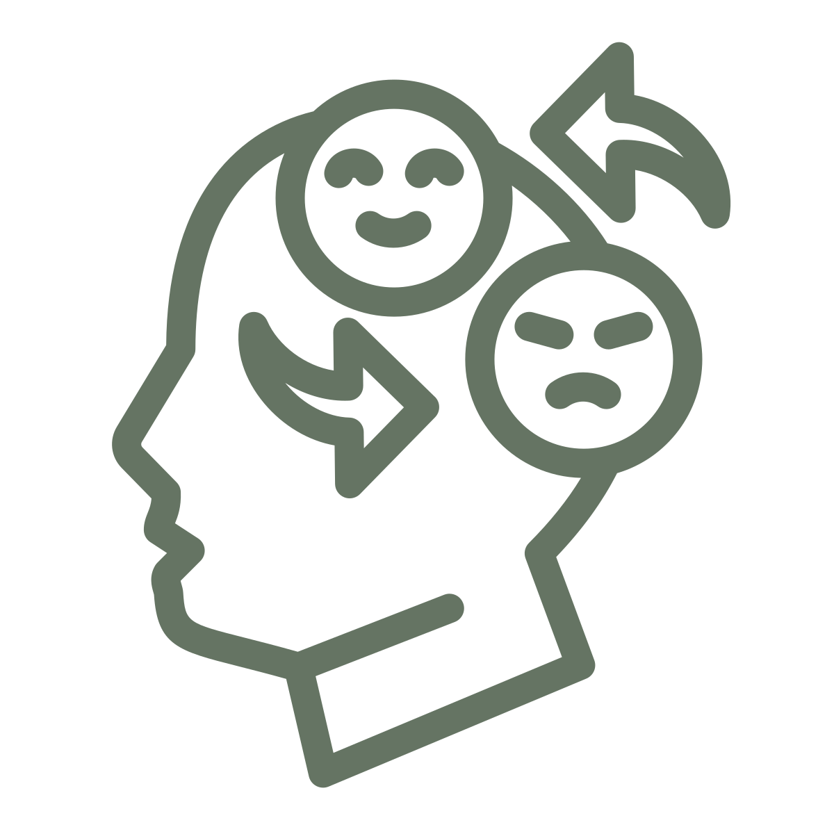 A line drawing of a hand holding a human head with two angry face icons above and around it.