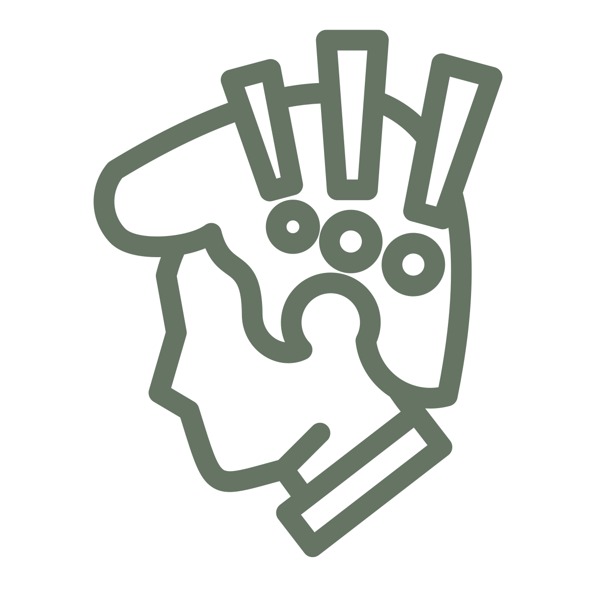 Outline of a hand gripping a dog toy with an angry face design and three exclamation marks above it.