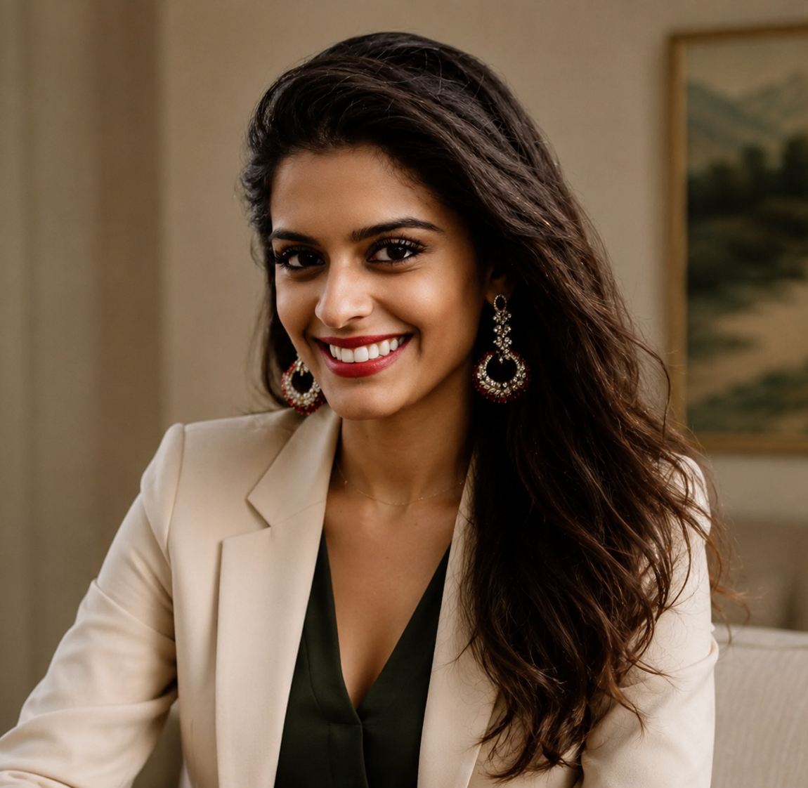 A woman with dark, wavy hair and earrings, smiling in a beige blazer and dark top inside a room with paintings on the wall.