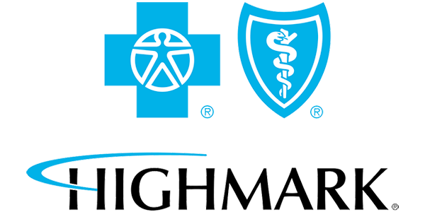 Highmark logo featuring a blue cross with a peace symbol inside, a blue shield with a snake wrapped around a staff, and the text 'Highmark' underneath.