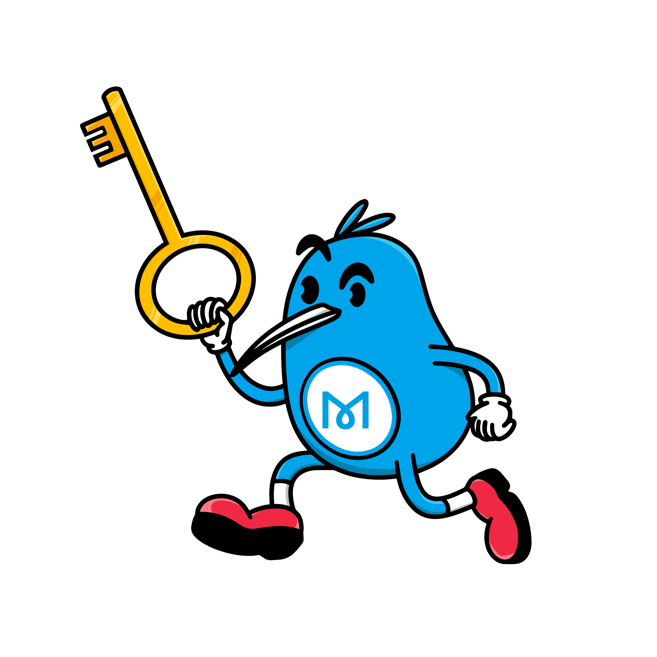 Blue kiwi mascot running with a large golden key.