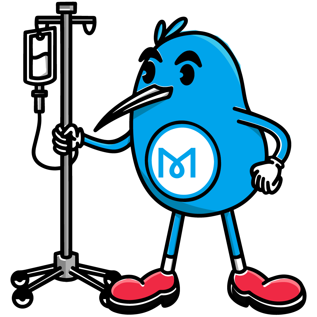 Blue kiwi mascot standing beside an IV drip stand.