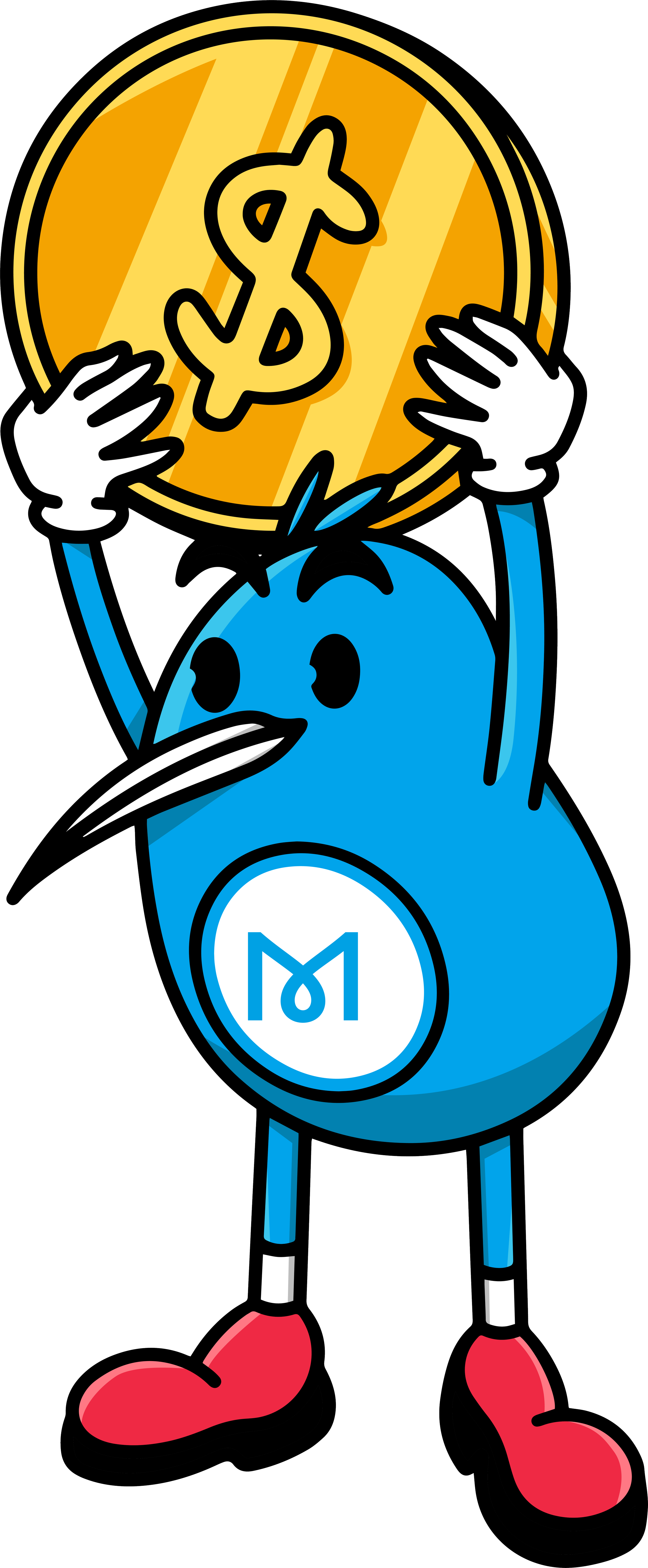 Blue kiwi mascot holding a giant gold dollar coin overhead.